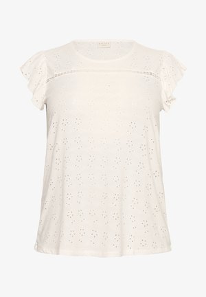 Haut blanc à manches courtes avec des manches volantes, présentant des détails en broderie et un col rond. Texture douce et matériau léger.