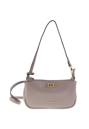 Sac à main en cuir mauve clair avec une texture lisse, ferrures dorées et une bandoulière amovible. Doté d'une petite fermeture à clapet et d'un marquage discret.