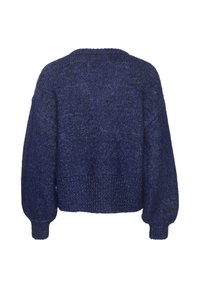 Navy blue knitted sweater with a textured finish, cropped design, wide sleeves, and ribbed cuffs and hem. Textured yarn visible.