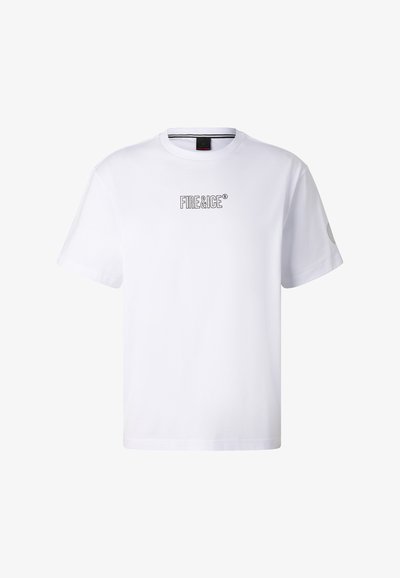 T-shirt blanc à manches courtes et col rond avec le logo texte "FIRE&ICE" centré sur la poitrine.