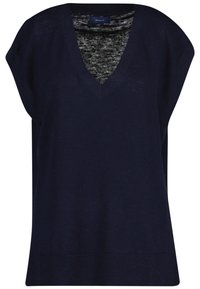 Marineblå ærmeløs V-hals sweatervest med ribbet kant og en grå indvendig stof synlig ved halsudskæringen.