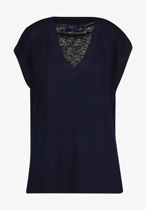 Námořnická modrá bezramenná svetr vestu s výstřihem do V, s žebrovaným lemem a šedou vnitřní tkaninou viditelnou na výstřihu.
