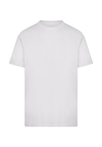 Weißes Baumwoll-T-Shirt mit Rundhalsausschnitt, kurzen Ärmeln und lockerem Schnitt. Glatte Textur und keine sichtbaren Muster oder Designs.