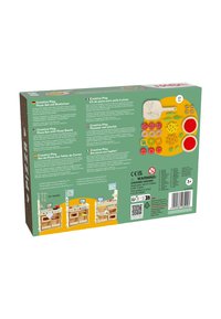 Pizza play set with wooden pizza board, multi-colored toppings, including red and green pieces. Features a user guide in multiple languages.