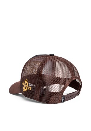 Brown mesh cap with a solid brown visor, featuring a yellow embroidered logo on the side. Adjustable snapback closure at the rear.