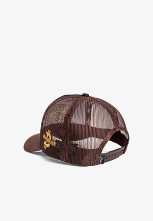 Brown mesh cap with a solid brown visor, featuring a yellow embroidered logo on the side. Adjustable snapback closure at the rear.