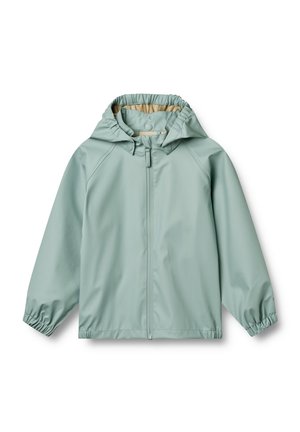 Hellgrüne Regenjacke mit Kapuze, elastischen Bündchen und durchgehendem Reißverschluss. Hergestellt aus glattem, wasserabweisendem Material.