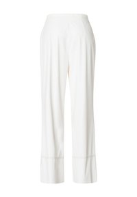 Witte, wijde broek met een gladde textuur, met een geplooid ontwerp en een onafgewerkte zoom. Geschikt voor casual of formele gelegenheid.