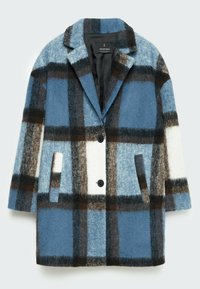 Abrigo de lana de cuadros en azul y blanco con detalles en marrón, que presenta un cuello con muesca, dos bolsillos frontales y dos botones negros.