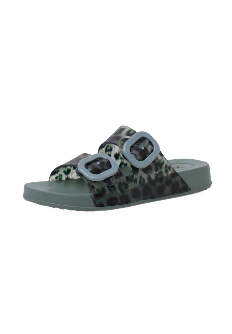 Slide-sandalen met een luipaardprintontwerp, grijs en groen kleurenschema, dubbele gesp bandjes en een gestructureerde rubberen zool.