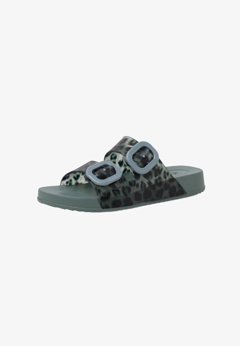 Slide sandals with a leopard print design, grey and green color scheme, double buckle straps, and a textured rubber sole.