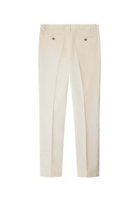 Pantalones beige a medida en mezcla de algodón, con corte recto, dos bolsillos traseros con botones y una textura suave.
