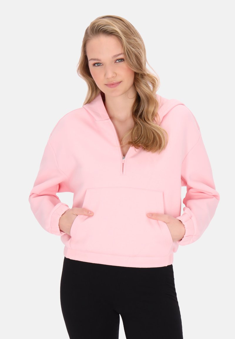 Lichtroze ritshoodie met een kangoeroezak en elastische manchetten, gemaakt van zachte stof. Gestyled met een capuchon voor casual draagcomfort.