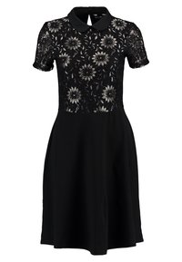 Svart klänning med kragenacke, korta spetsärmar med blommönster och en sviktande kjol i mjukt material.