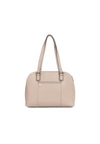 Borsa a tracolla in pelle beige con doppio manico, forma strutturata, tasca frontale con zip e dettagli di cucitura sottili. Texture liscia e opaca.