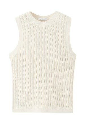 Gilet sans manches en tricot blanc avec un motif ajouré vertical et un col, des emmanchures et un ourlet côtelés.