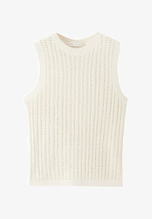 Bijeli pleteni prsluk bez rukava s vertikalnim mrežastim uzorkom i rebrastim rubom na izrezima vrata, rukava i donjem rubu.