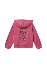 Felpa con cappuccio rosa e polsini a costine. Presenta una grafica nera di un pantera e il testo "RIMANI SELVAGGIO PER UN PO'" sul retro. Texture morbida.