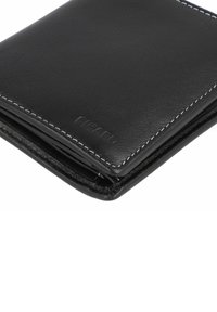 Black leather wallet with white stitching, featuring a fold-over design and subtle branding embossed on the surface. Smooth texture.