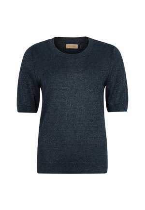 Pull en maille bleu marine à manches courtes avec un subtil éclat métallique, col rond et bord-côtes aux manches et à l'ourlet.