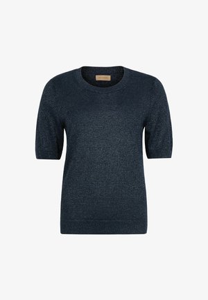 Navyblauwe gebreide trui met korte mouwen, subtiele metalen glans, ronde hals en geribbelde manchetten en zoom.