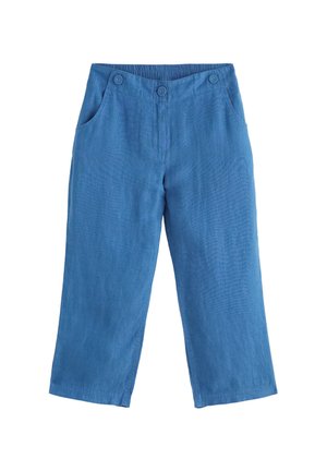 Niebieskie spodnie z szerokimi nogawkami, elastycznym paskiem w talii, dwoma przednimi kieszeniami oraz trzema guzikami na przedniej części talii.