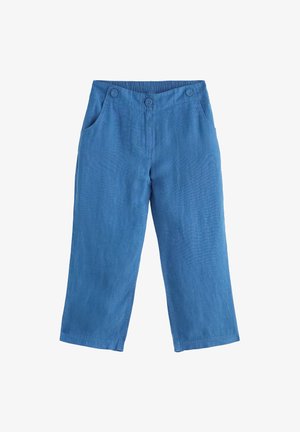 Niebieskie spodnie z szerokimi nogawkami, elastycznym paskiem w talii, dwoma przednimi kieszeniami oraz trzema guzikami na przedniej części talii.