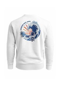 Weißes Sweatshirt mit einem großen Grafikdruck von einer Welle und der Sonne, mit dem Text "Kantagawa Wave, Japan" in Blau und Schwarz, strukturierter Stoff.