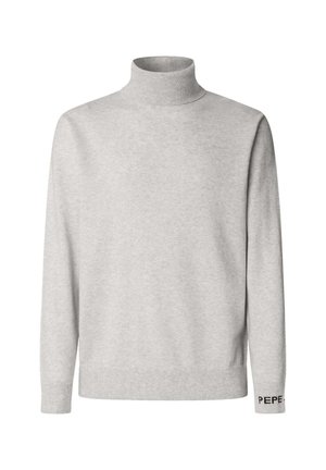Helles graues Rollkragenpullover, gestrickte Textur, gerippte Bündchen und Saum, mit "PEPE"-Markierung am linken Bündchen. Einfaches, zeitgenössisches Design.
