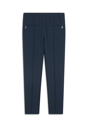 Navy pants with a slim fit, made from a soft, textured fabric. Features two zippered back pockets and stitched side details.