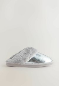 Silver metallic slide slipper with a plush gray faux fur band, flat sole, and subtle textured detailing on the upper surface.