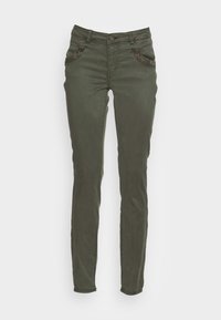 Olivově zelené slim-fit kalhoty se zapínáním na knoflík a zip, zdobené tmavým vzorovaným lemováním na předních kapsách.