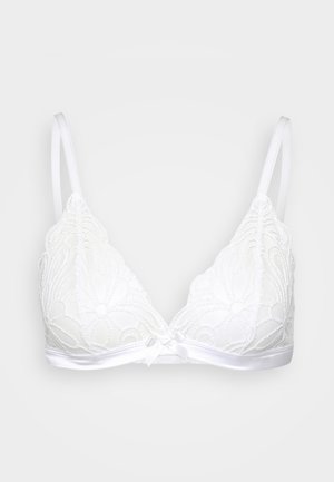 Bralette en dentelle blanche avec motif floral, bonnets triangulaires souples, bretelles réglables et bande sous le satin avec un petit nœud en détail.