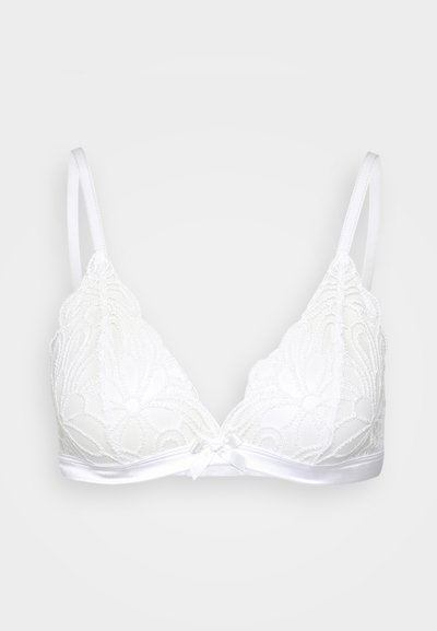 Balta nėriniuota bralette su gėlių raštu, minkštos trikampio formos puodeliai, reguliuojamos petnešėlės ir satino apatinė juosta su mažo kaspinėlio detale.