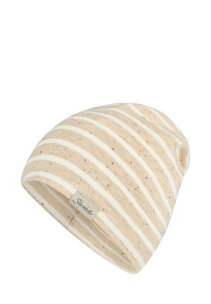 Beige-weiß gestreifte Mütze aus weichem Stoff mit kleinen Sprenkeln und einem aufgenähten rechteckigen Markenetikett.