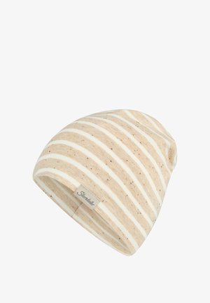 Beige-weiß gestreifte Mütze aus weichem Stoff mit kleinen Sprenkeln und einem aufgenähten rechteckigen Markenetikett.