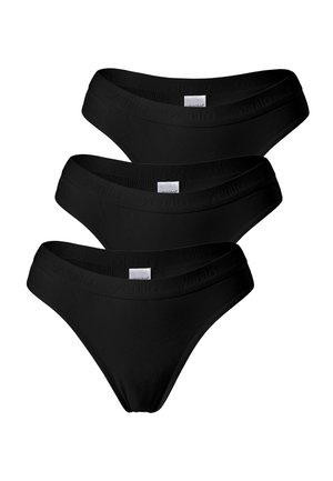 Tre mutande da donna nere a vita bassa con fascia elastica con marchio, impilate verticalmente su uno sfondo bianco.