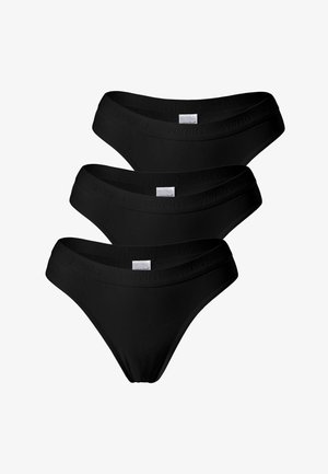 Sous-vêtements taille bikini pour femmes noires, avec ceintures élastiques de marque, empilés verticalement sur un fond blanc.