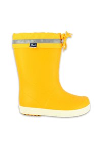 Botte de pluie en caoutchouc jaune avec une surface texturée, semelle blanche, bande argentée et cordon de serrage en haut pour un ajustement sécurisé.