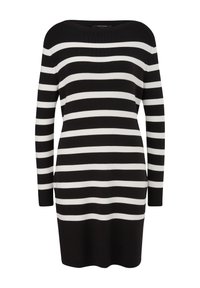 Gestreifter Strickkleid in Schwarz und Weiß mit einem Bootsausschnitt und langen Ärmeln. Der Stoff hat eine glatte Textur und ist knielang.