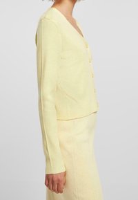 Cardigan rigato giallo chiaro con scollatura a V, maniche lunghe e cinque bottoni sul davanti. Tessuto morbido e testurizzato con una silhouette aderente.