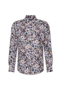 Camicia a maniche lunghe realizzata in un tessuto con un motivo floreale multicolore caratterizzato da tonalità di blu scuro, marrone, verde e beige. Colletto con bottoni.