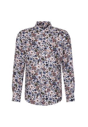 Chemise à manches longues en tissu avec un motif floral multicolore, comprenant des tons bleu marine, marron, vert et beige. Col à boutons.