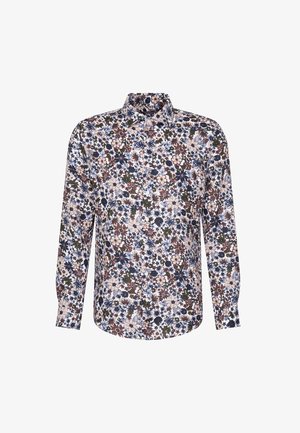 Chemise à manches longues en tissu avec un motif floral multicolore, comprenant des tons bleu marine, marron, vert et beige. Col à boutons.