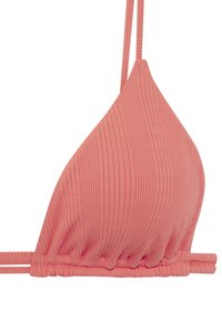 Pink ribbed bikini top with triangular cups and adjustable straps. Features a textured fabric with a gathered band for added support.