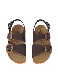 Sandali marroni con due fibbie regolabili, soletta in sughero e suola in gomma arancione. Texture liscia con un design minimalista delle cinghie.