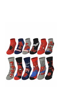 Twelve pairs of cotton socks featuring Spider-Man designs in red, gray, black, and blue. Varying patterns include character prints and text.
