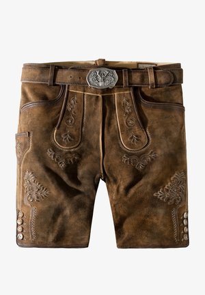 Shorts en daim marron avec des broderies élaborées, dotés d'un côté boutonné, d'une ceinture avec une boucle décorative en argent et de deux poches avant.
