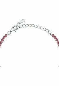 Bracciale d'argento con cristalli rosa, progettato con una delicata catena dotata di chiusura a gancio e lunghezza regolabile.