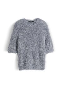 Fluffy grey sweater with short sleeves and a loose fit. Features a soft, textured surface and a wide neck opening.